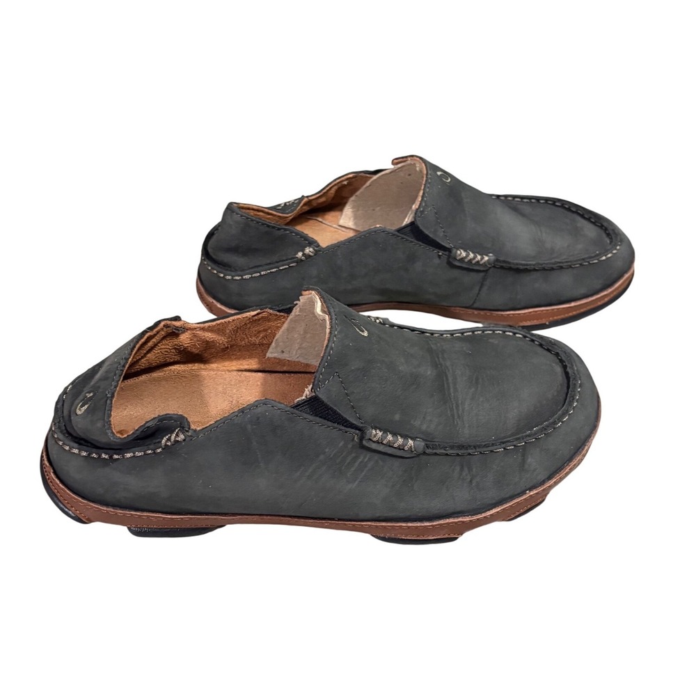 Olukai Moloa Shoes 9.5 Charcoal Grey Leather Slip On Drop In Heel Loafer - Picture 2 of 6